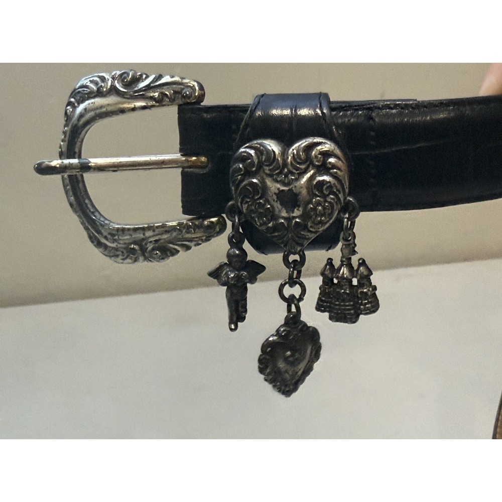 Vintage BRIGHTON Black Leather Belt Silver Heart Charms Sz M 35"L 42903 1996 - Picture 11 of 15